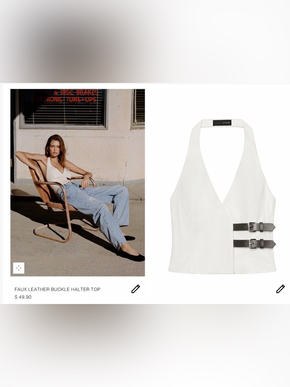 Zara Faux Leather Halter Top with Double Strap Belt Detail - Ivory